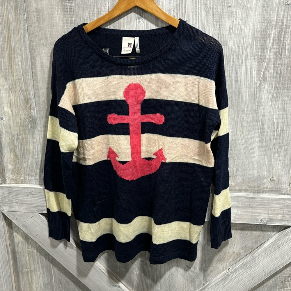 Pink Owl Navy, Cream & Pink Anchor Stripe Sweater